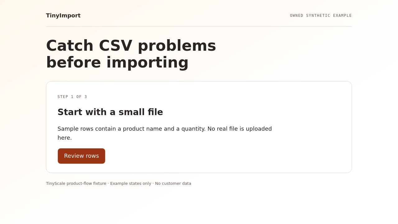 TinyImport synthetic example: Start with a small file