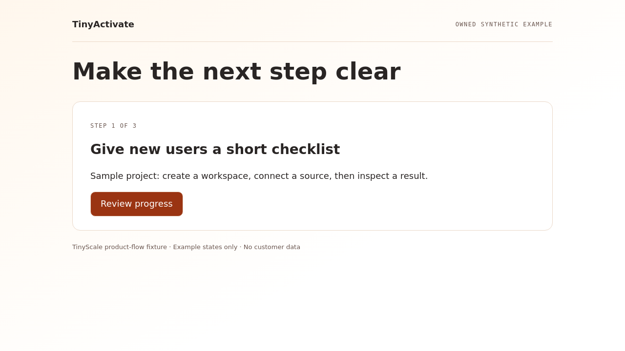 TinyActivate synthetic example: Give new users a short checklist